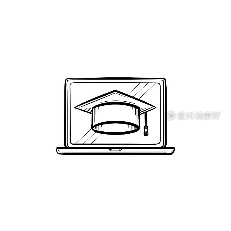 Graduation cap on computer screen hand drawn icon